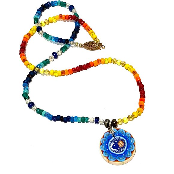 Handmade Rainbow Moon & Sun Yin & Yang Fimo Polymer Clay Seed Bead Boho Necklace - Picture 7 of 7